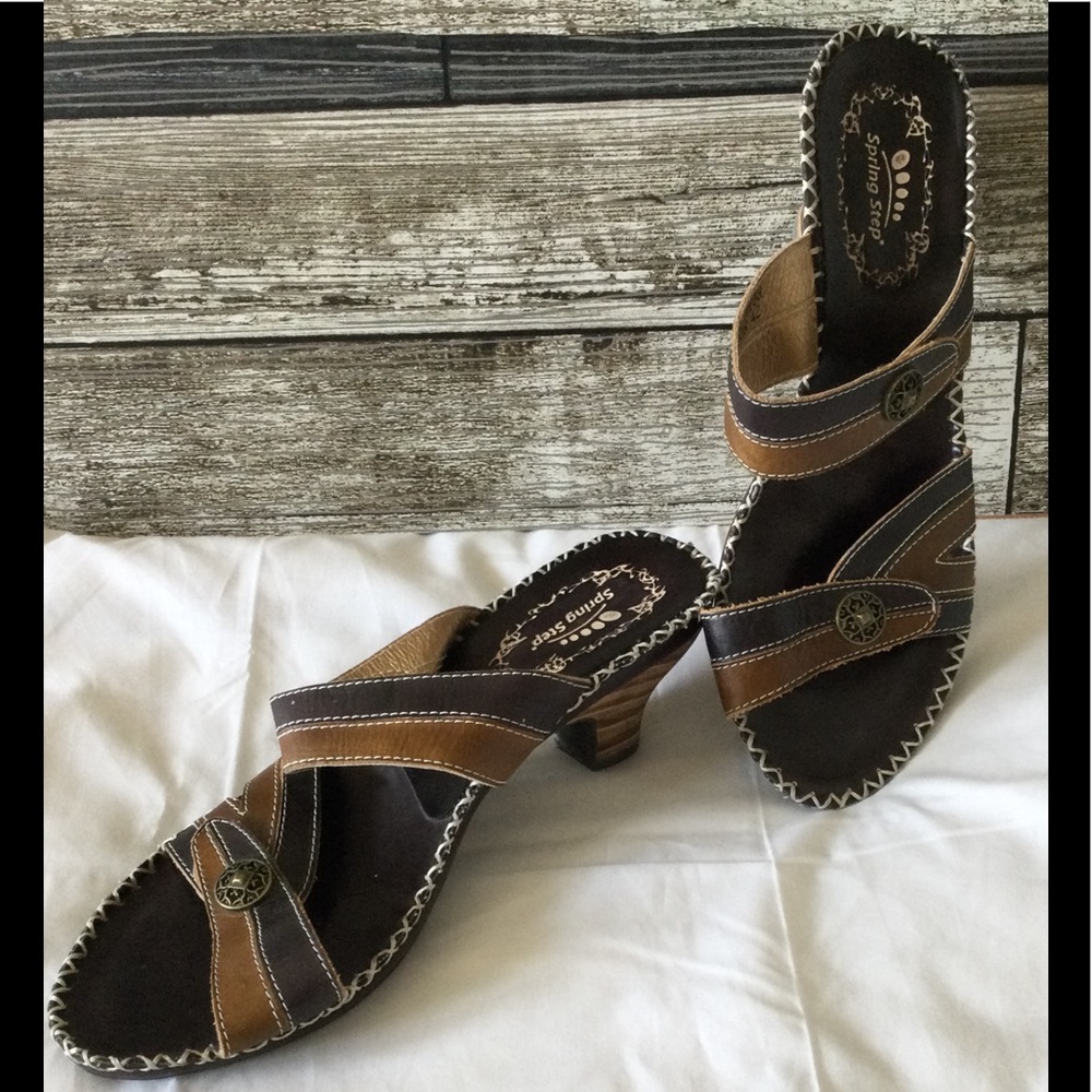 Spring Step Brown and Dark Brown Leather Heeled Sandals